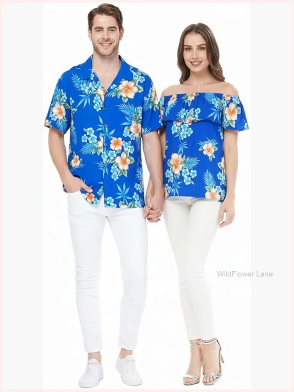 Matching Hawaiian Luau Shirt & Off-Shoulder Ruffle Top Set